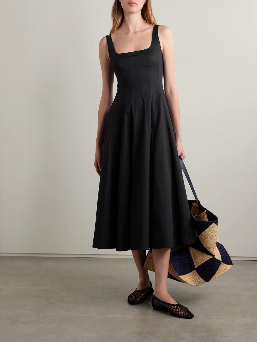 NEW Staud Black Sleeveless Square-Neck Midi Dress